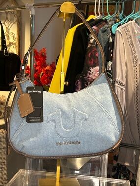 True Religion Light Blue Denim Hobo Bag W/ Brown Trim/Strap 12.75”x 3”x 8.5” NWT